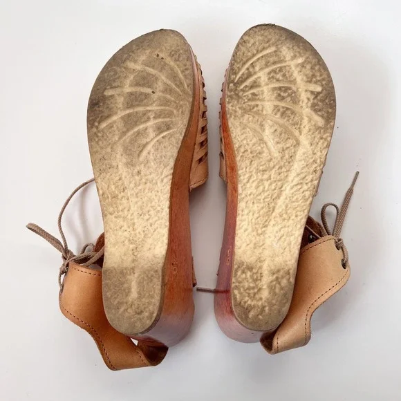 No. 6 Clogs Tan Leather Wooden Platform Wedge Sandals Lace Up Peep Toe Size 40 - Picture 7 of 10